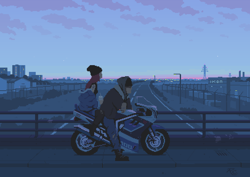 Pixel art of a man and woman on a sport motorcycle at dusk on an overpass, with an urban skyline and passing cars. Copyright Romain Courtois.